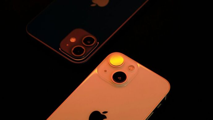 two iphones sitting next to each other on a table