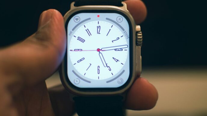a person holding a smart watch in their hand
