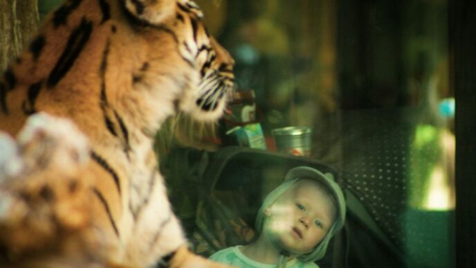 a young child looking at a tiger through a window