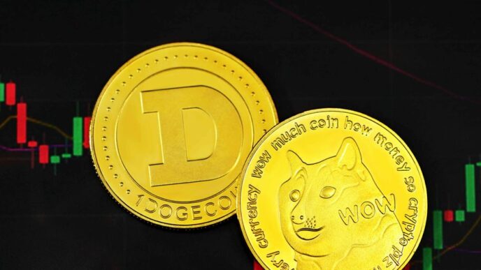 a close up of two gold coins near a stock chart