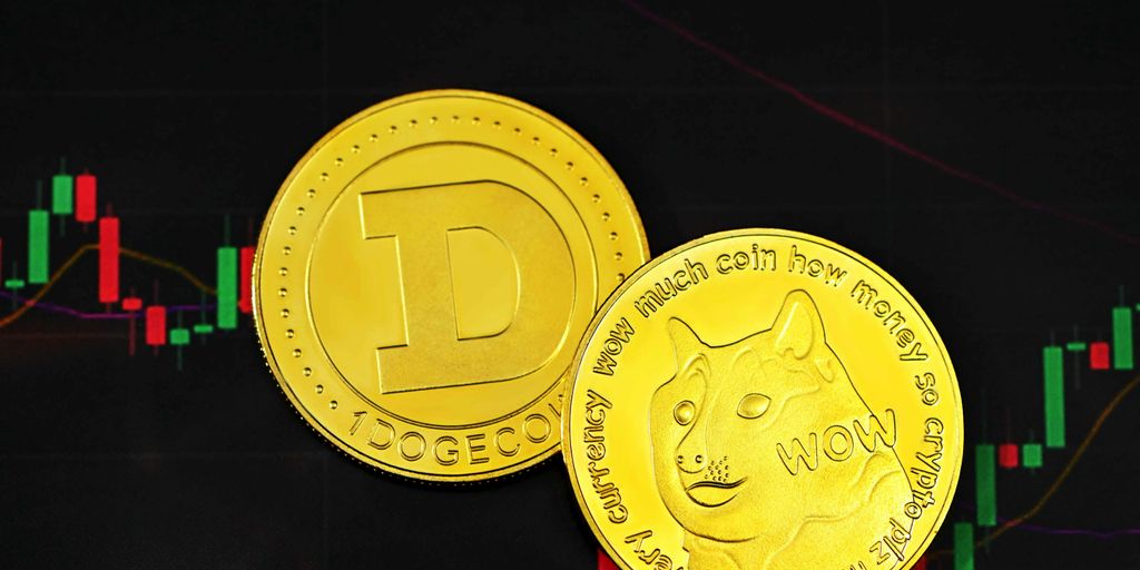 a close up of two gold coins near a stock chart