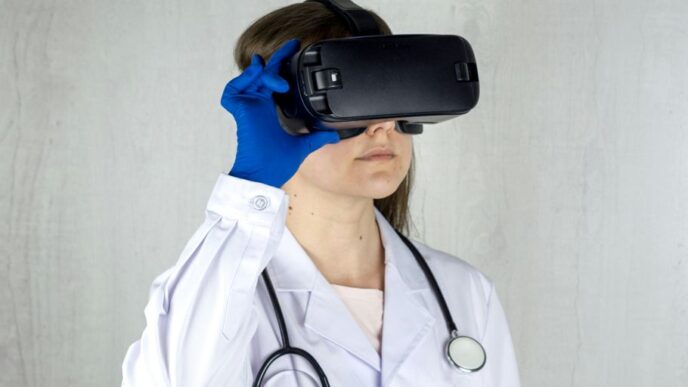 a woman in a white coat and blue gloves is wearing a virtual headset