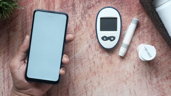 a person holding a smart phone next to an electronic device