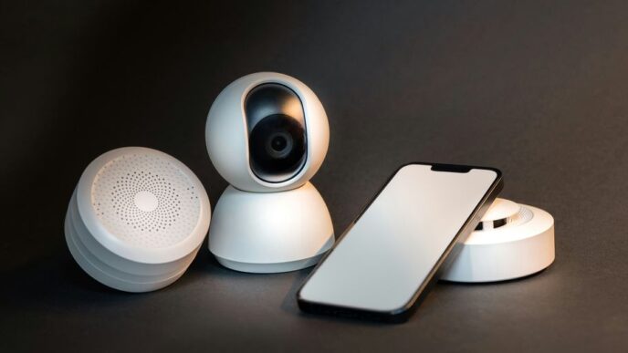 a smart phone sitting next to a wireless security camera