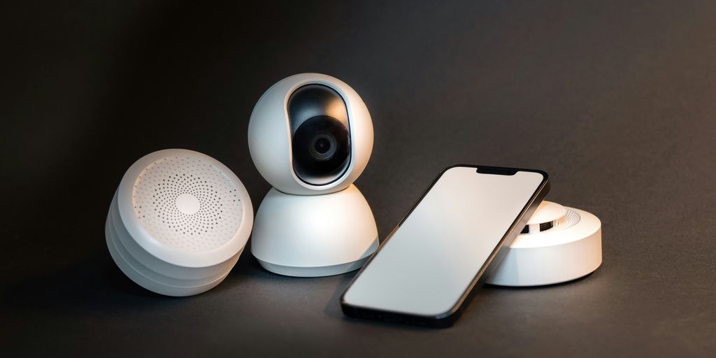 a smart phone sitting next to a wireless security camera