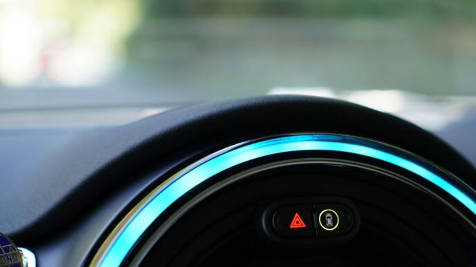 a close up of a car dashboard with a blue light