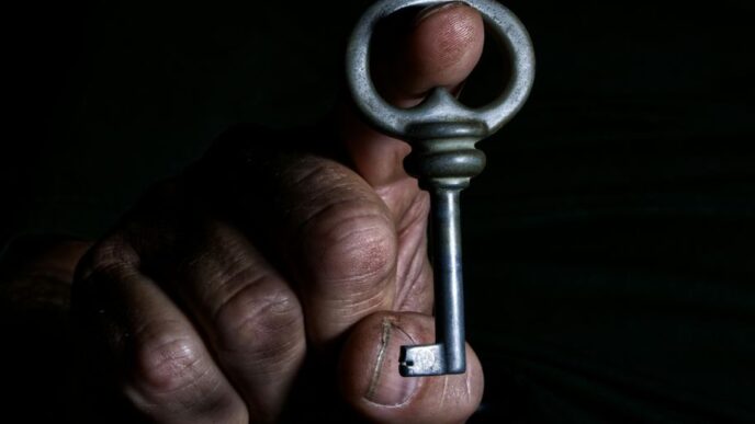 A person holding a key in the dark