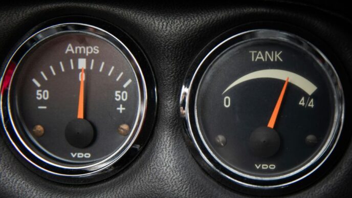 a close up of two gauges in a car