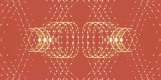 a red background with circles and dots
