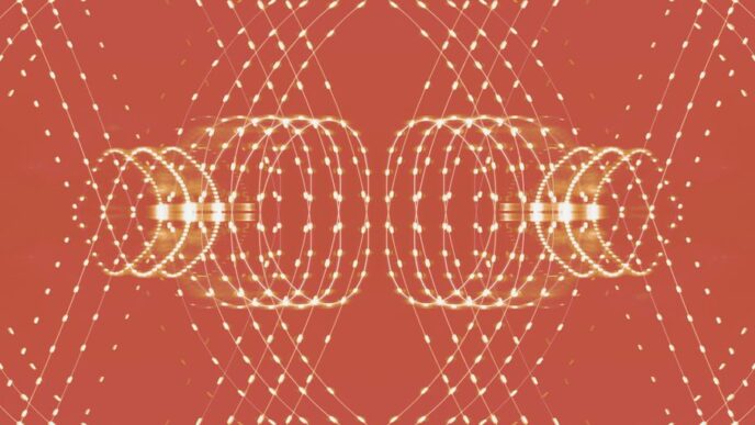 a red background with circles and dots