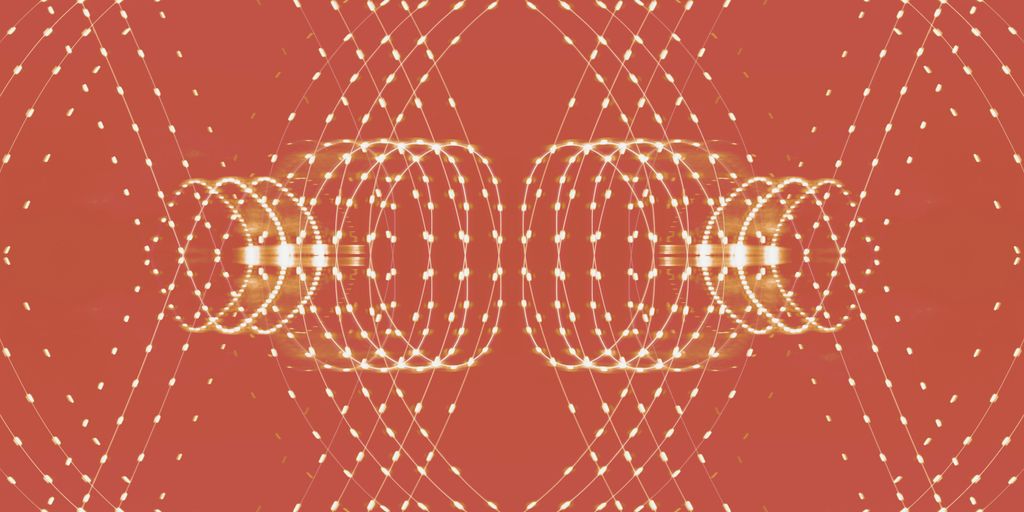 a red background with circles and dots
