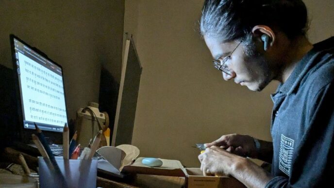 A woman sitting at a desk working on a computer