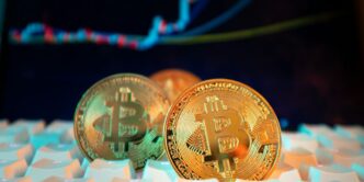 Bitcoin coins are displayed with a stock chart.
