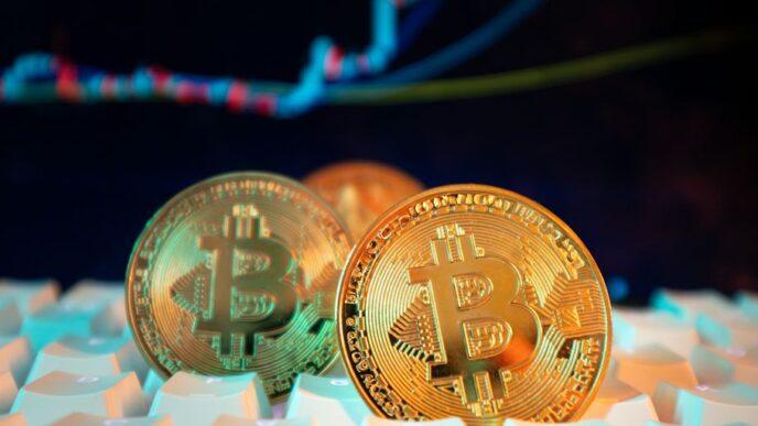 Bitcoin coins are displayed with a stock chart.