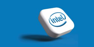 the intel logo is shown on a white cube