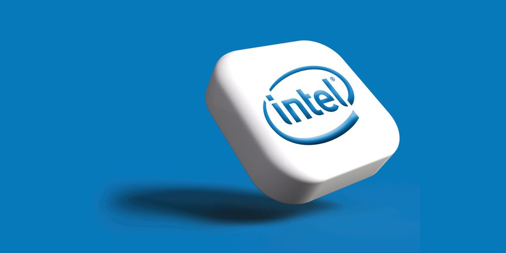 the intel logo is shown on a white cube