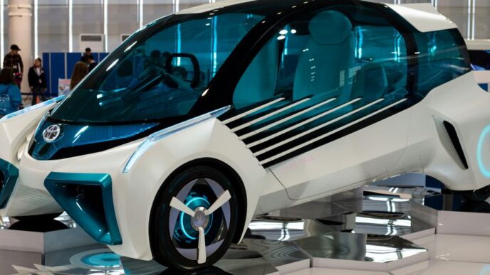 white and blue vehicle inside the building