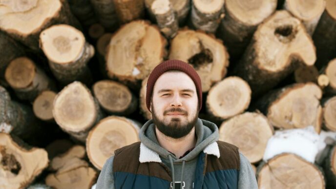 man standing behind firewoods