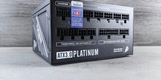 A black box with a blue label on it