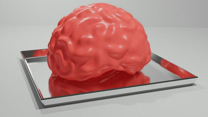 A red brain sitting on top of a metal tray