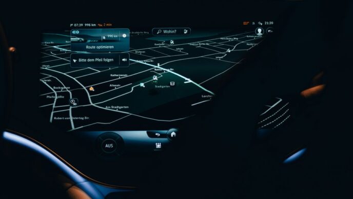 the dashboard of a car with a map on it