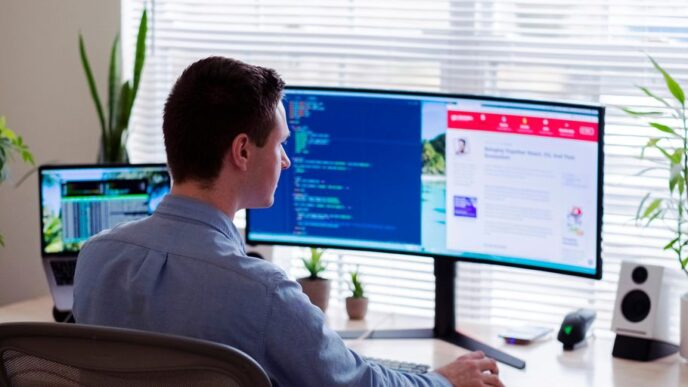 man in gray dress shirt sitting on chair in front of computer monitor