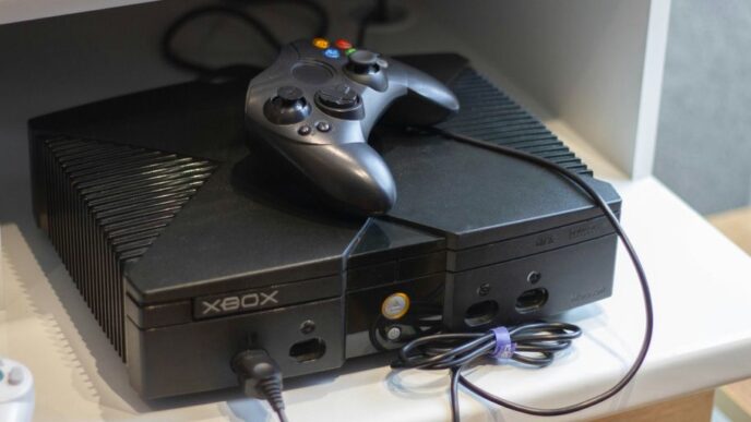 Here's a caption: an original xbox console with a controller.
