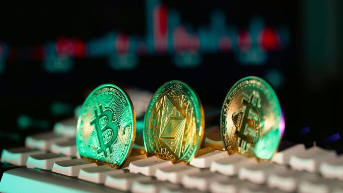 Cryptocurrency coins sit on a keyboard.