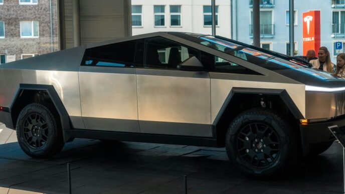 A futuristic car is on display in a building