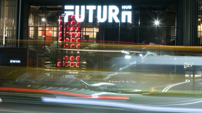 a blurry photo of a building at night
