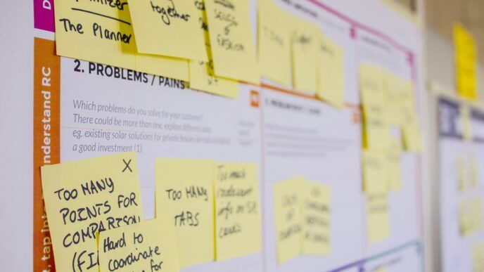 printed sticky notes glued on board