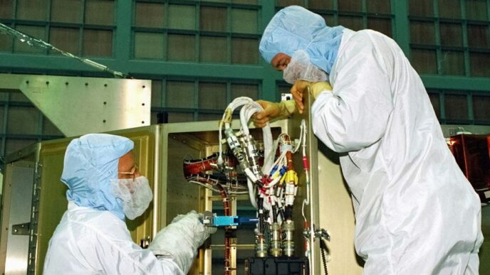 a couple of people in white suits working on a machine