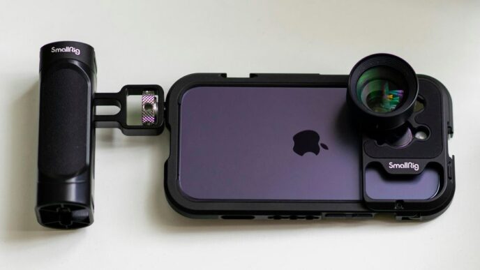 an iphone with a camera attached to it