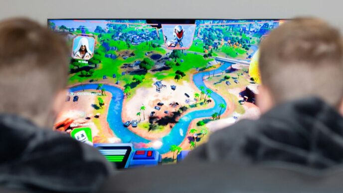 two boys are playing a video game on the television