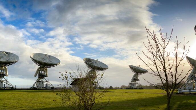white satellite dish on green grass field under blue sky and white clouds during daytime
