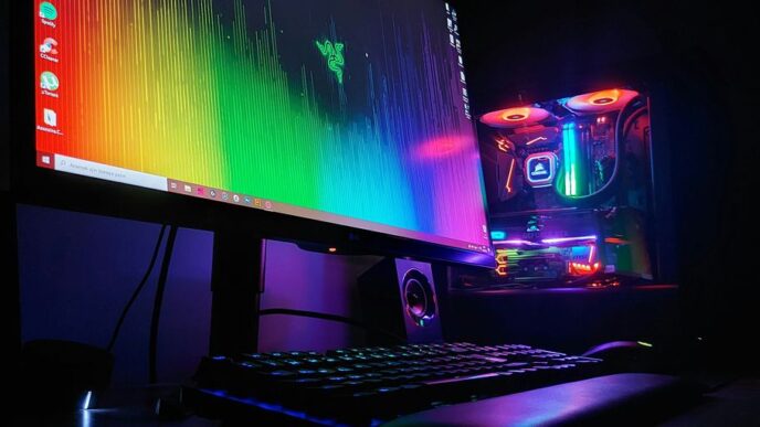 black flat screen computer monitor turned on beside black computer keyboard