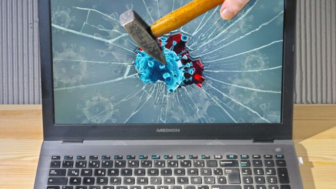 a person holding a pencil and a broken laptop