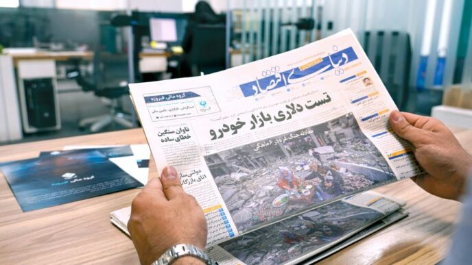 a man sitting at a table reading a newspaper