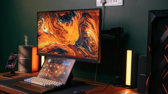 a desk with a laptop and a monitor on it