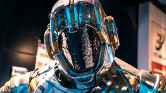 blue and black helmet on blue and white textile