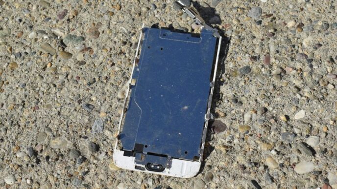 a broken cell phone laying on the ground