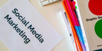 a sign that says social media marketing next to a keyboard