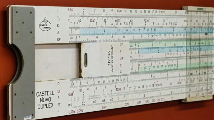 A large ruler mounted to the side of a wall