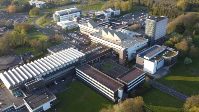 an aerial view of a building in a city