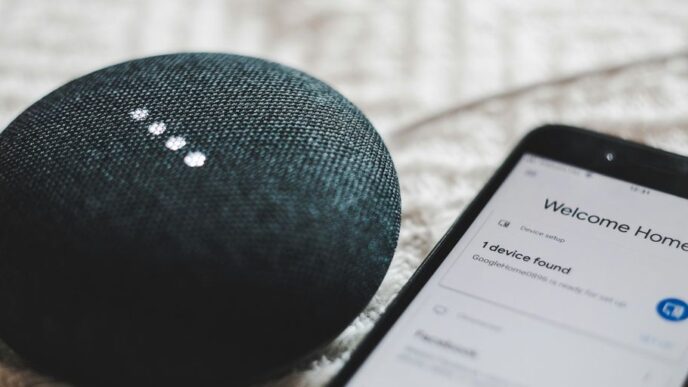 turned-on charcoal Google Home Mini and smartphone