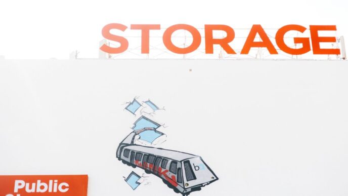 Public storage building with a sign.
