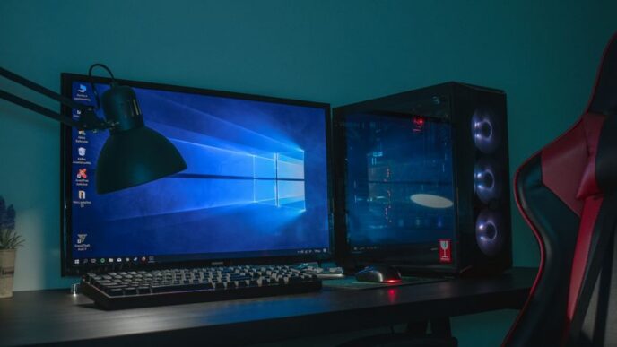 turned on desktop computer set with black and gray leather gaming chair