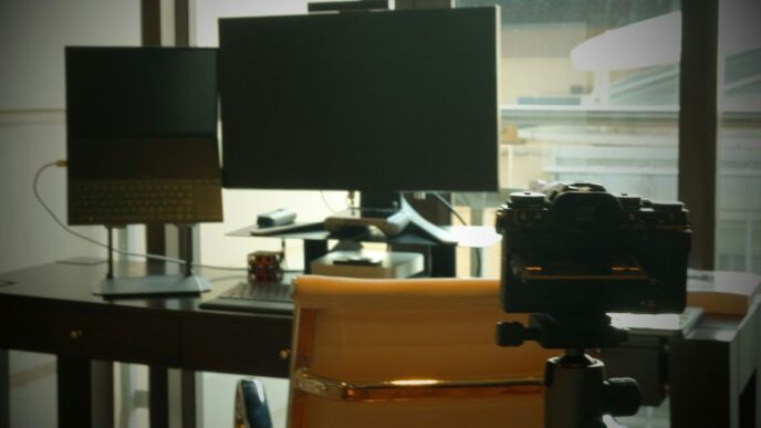 a camera sitting on top of a chair next to a window