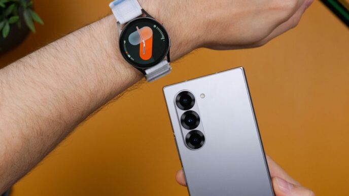 A person holding a smart watch on their wrist