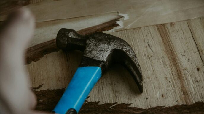a hammer with a blue handle on a piece of wood